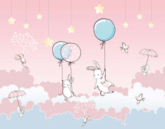 Custom Kids Wall Murals Pink Clouds Hot Air Balloons Cute Bunny Wallpaper for Kids