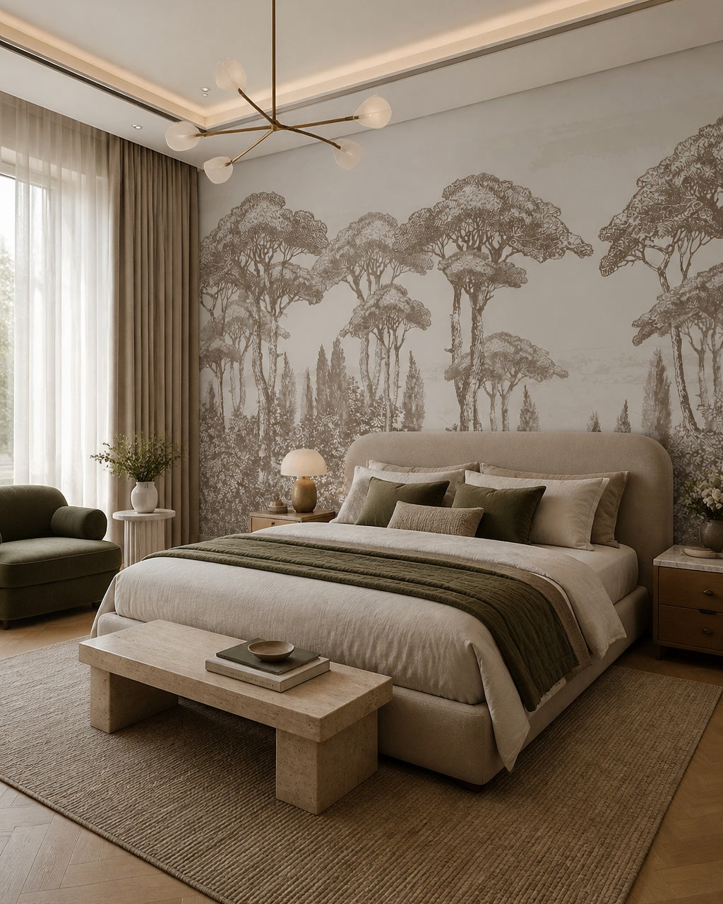 Vintage tall trees wallpaper in a designer bedroom.