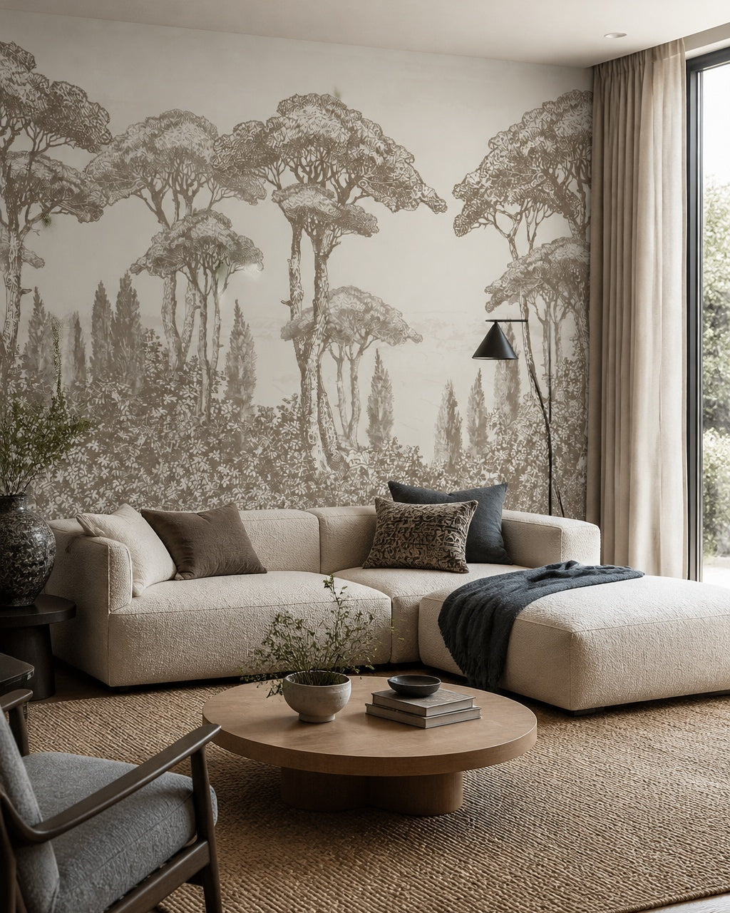 Vintage tall trees wallpaper in a designer living room.