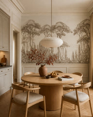 Vintage tall trees wallpaper in a refined dining area.