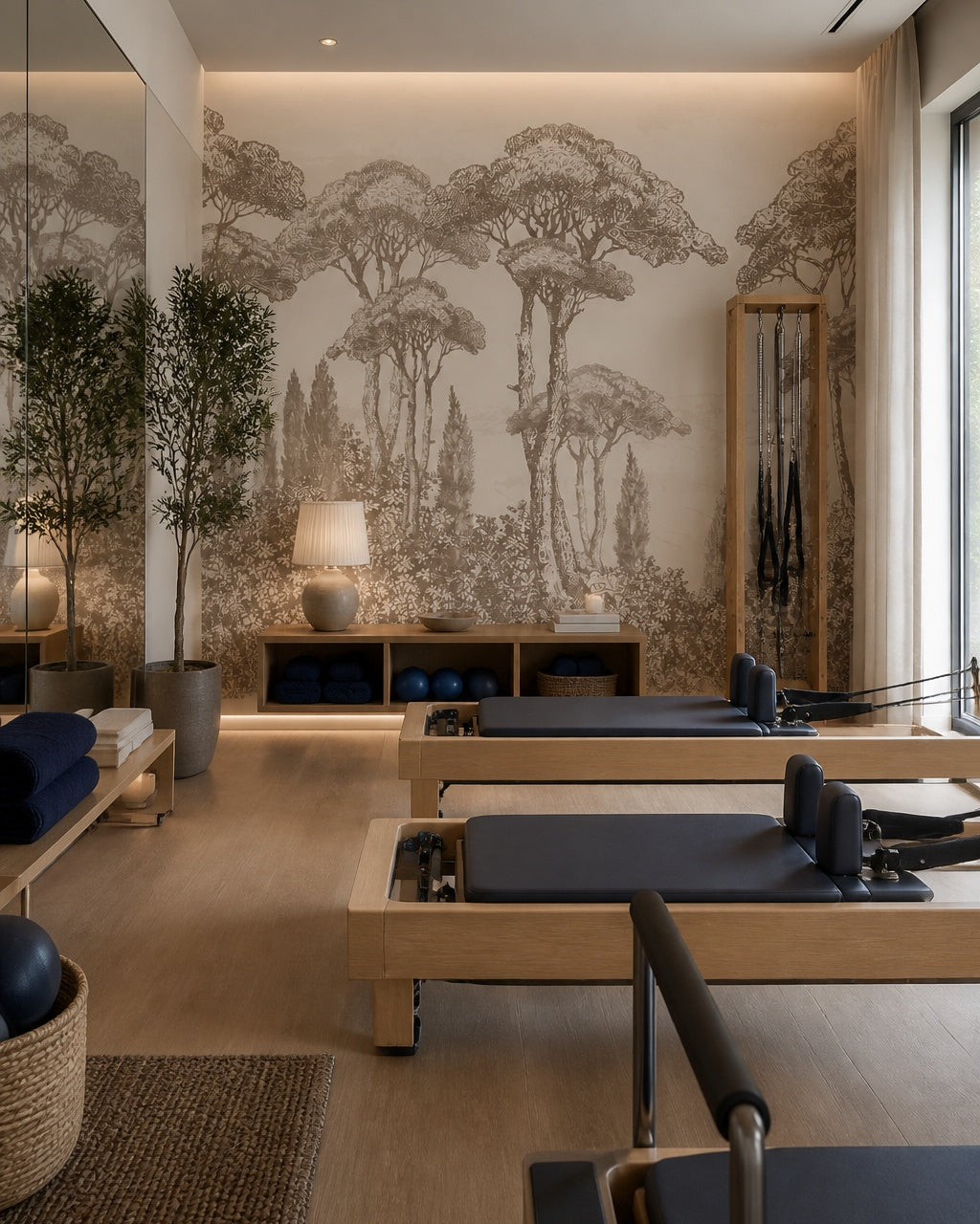 Vintage tall trees wallpaper in a fitness studio.