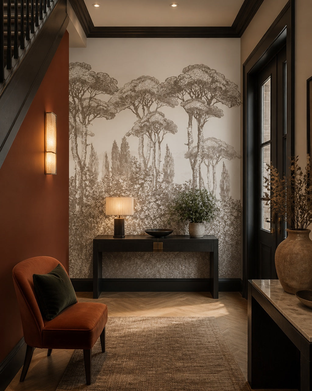 Vintage tall trees wallpaper in a designer entrance hall.