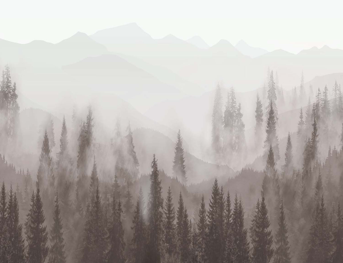Tapete Nebliger Kiefernwald und Berge – Graubraune Landschaft, Wandbild