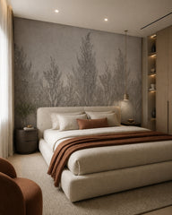 Juniper botanical sketch wallpaper in a designer bedroom.