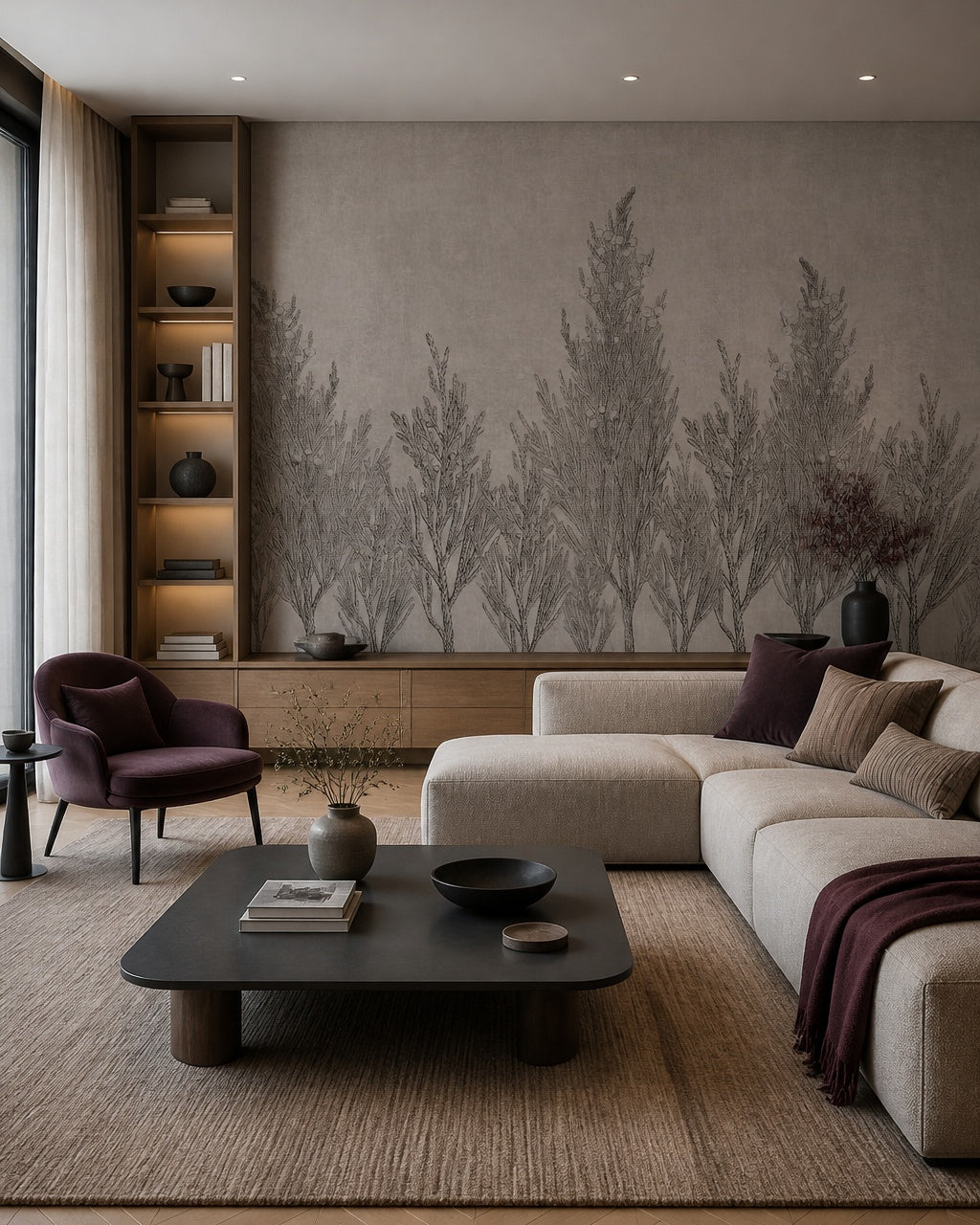 Juniper botanical sketch wallpaper in a designer living room.