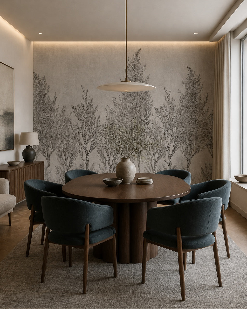 Juniper botanical sketch wallpaper in a refined dining area.