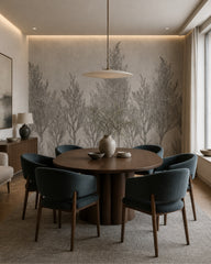 Juniper botanical sketch wallpaper in a refined dining area.