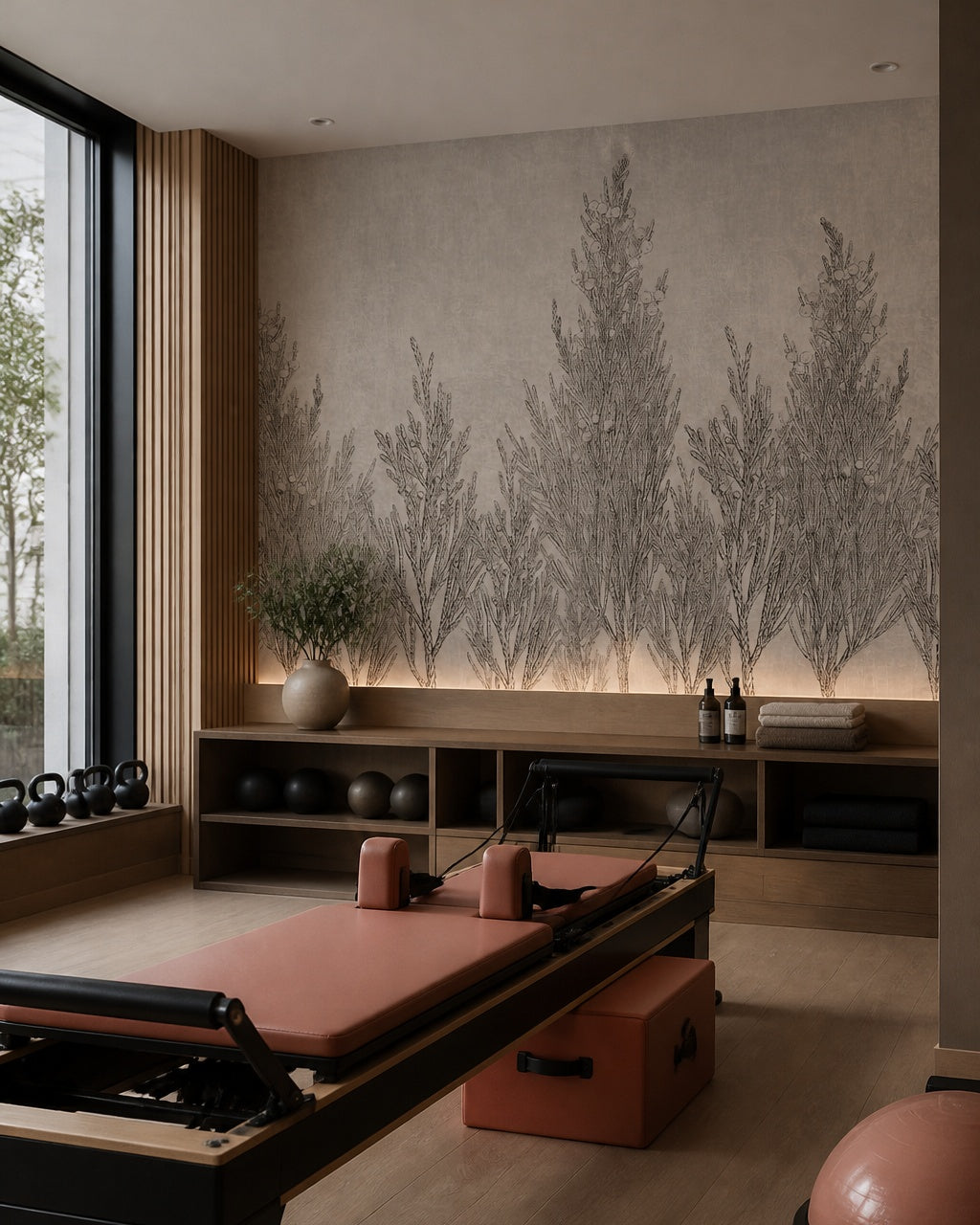 Juniper botanical sketch wallpaper in a fitness studio.