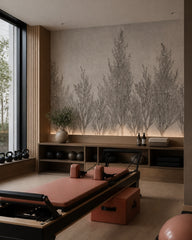 Juniper botanical sketch wallpaper in a fitness studio.