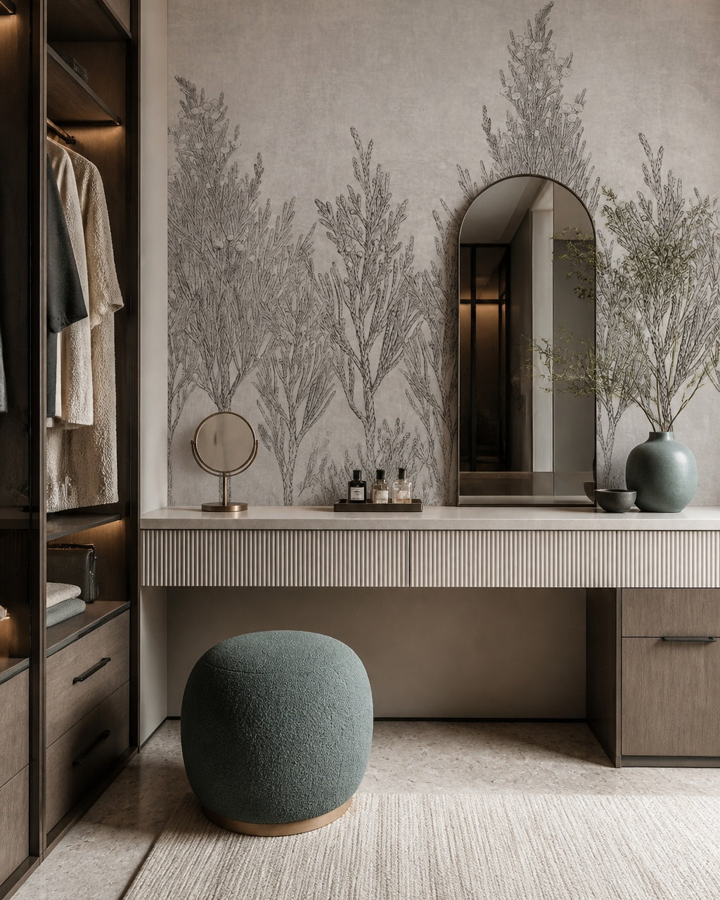 Juniper botanical sketch wallpaper in a dressing room.