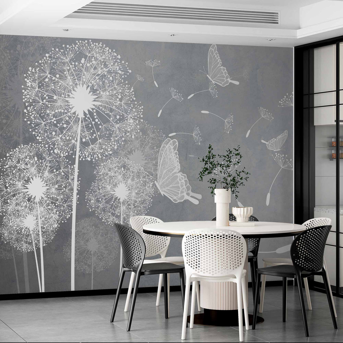 Custom Modern Gray Dandelion Wall Mural Wallpaper with Delicate Butterflies