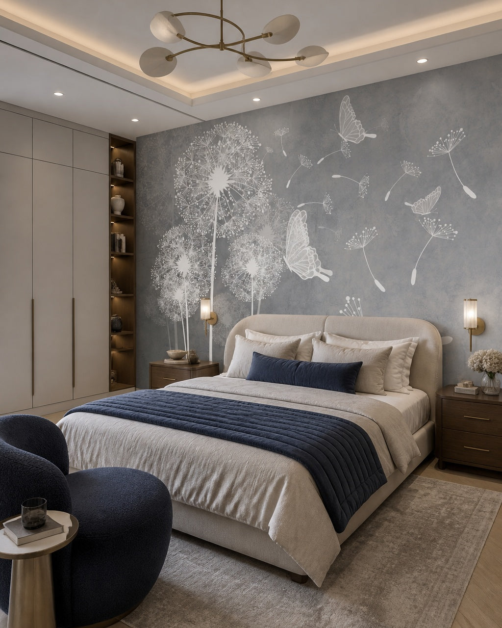 Grey dandelion wallpaper in a designer bedroom.