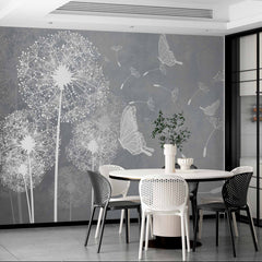 Custom Modern Gray Dandelion Wall Mural Wallpaper with Delicate Butterflies