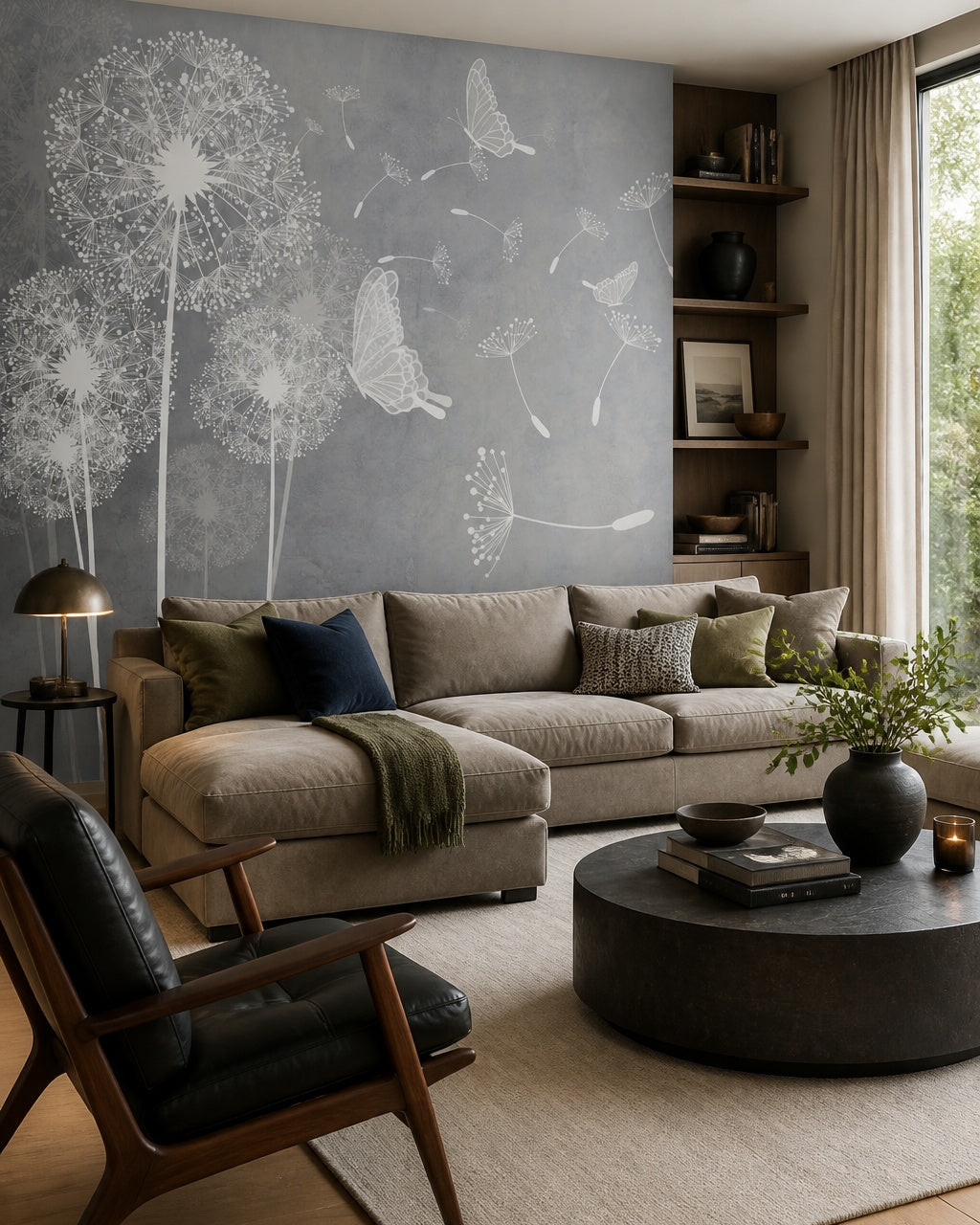 Grey dandelion wallpaper in a designer living room.