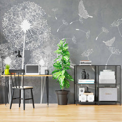 Custom Modern Gray Dandelion Wall Mural Wallpaper with Delicate Butterflies