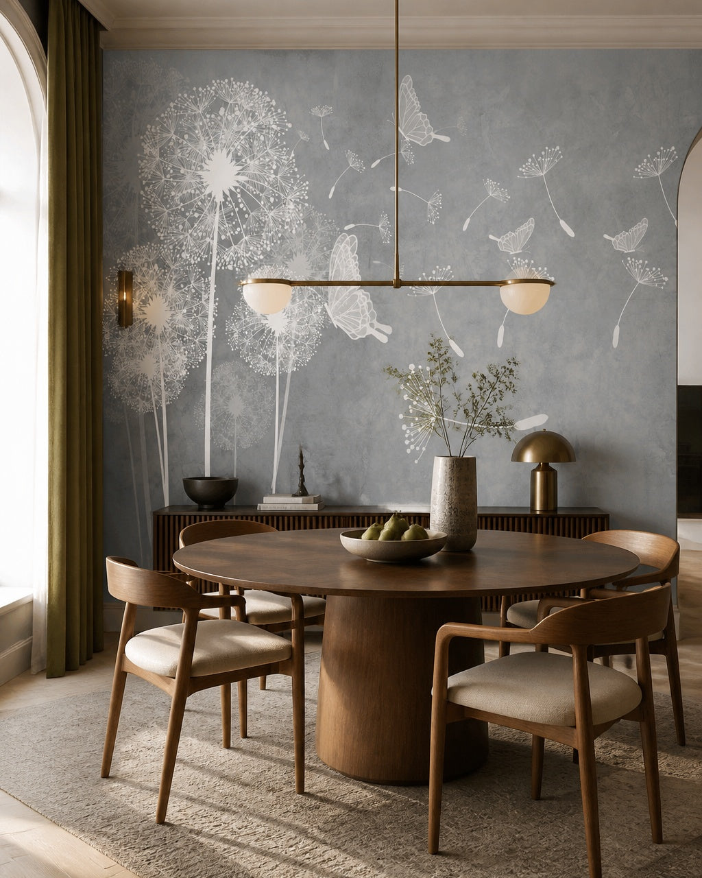 Grey dandelion wallpaper in a refined dining area.