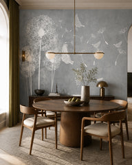 Grey dandelion wallpaper in a refined dining area.