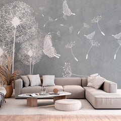 Custom Modern Gray Dandelion Wall Mural Wallpaper with Delicate Butterflies