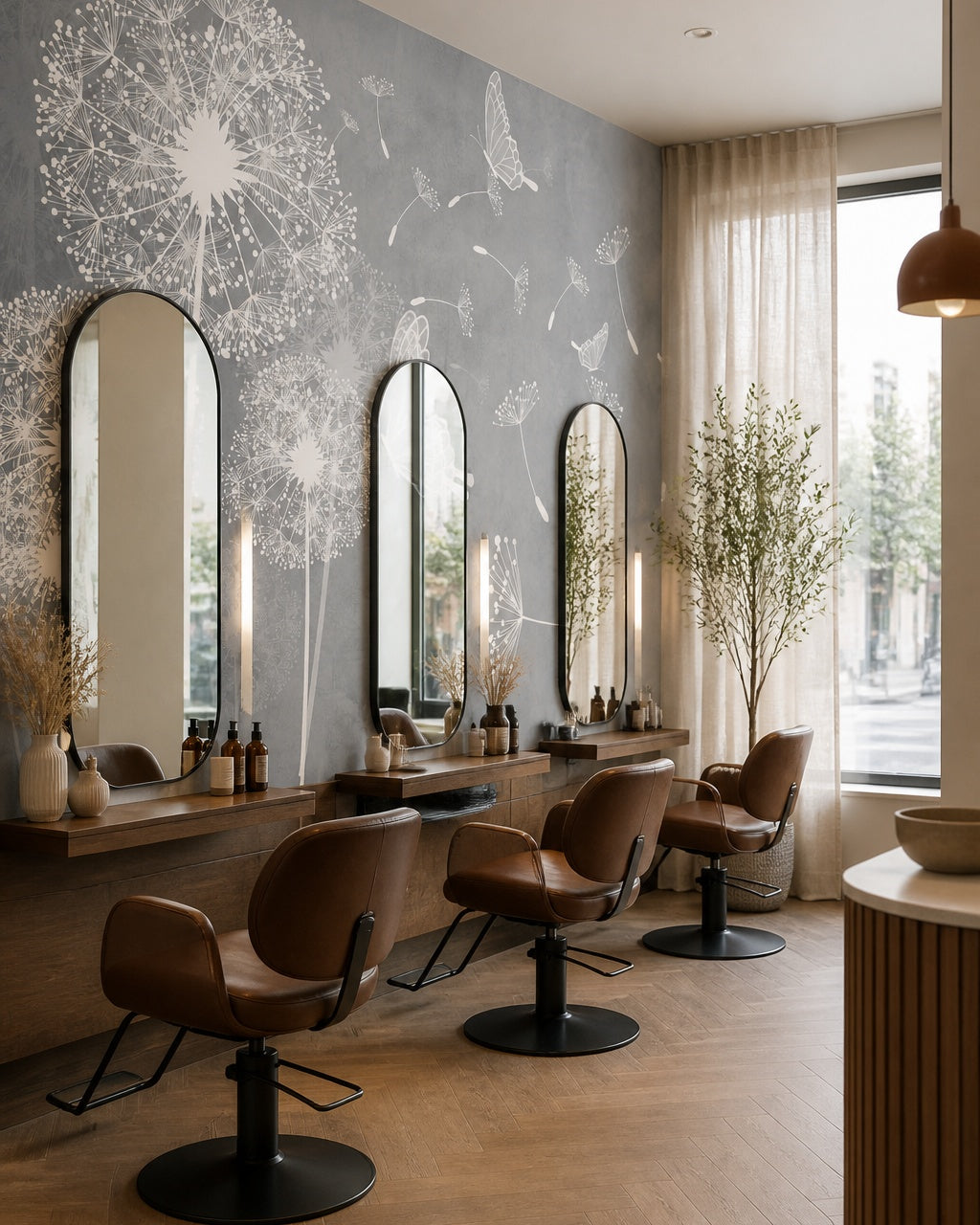 Grey dandelion wallpaper in a beauty salon.