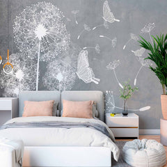 Custom Modern Gray Dandelion Wall Mural Wallpaper with Delicate Butterflies