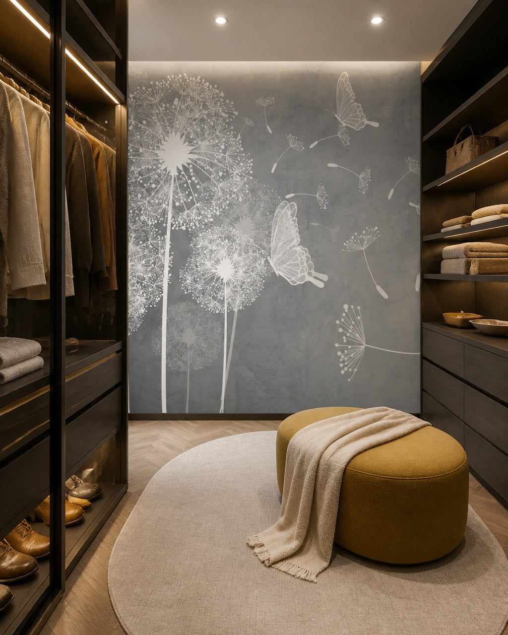 Grey dandelion wallpaper in a walk-in wardrobe.