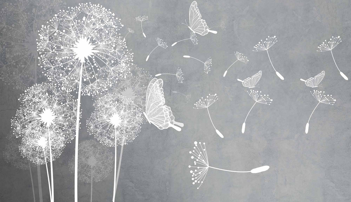 Fototapete Graue Pusteblume – Weiße Pusteblumen und Schmetterlinge auf Beton