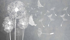 Custom Modern Gray Dandelion Wall Mural Wallpaper with Delicate Butterflies