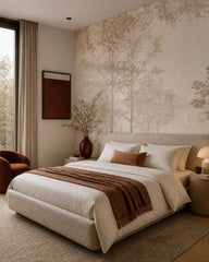 Sepia woodland wallpaper in a designer bedroom.