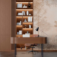 wallpaper design featuring a soft, muted color palette with delicate trees, subtle foliage, and a crane in the misty background, creating a tranquil forest scene. The earthy tones evoke a sense of calm and nature's beauty.