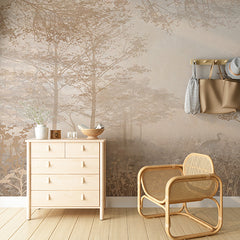 Custom Tranquil Misty Forest with Crane and Wildflowers Wall Mural Wallpaper