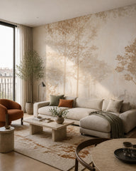 Sepia woodland wallpaper in a designer living room.