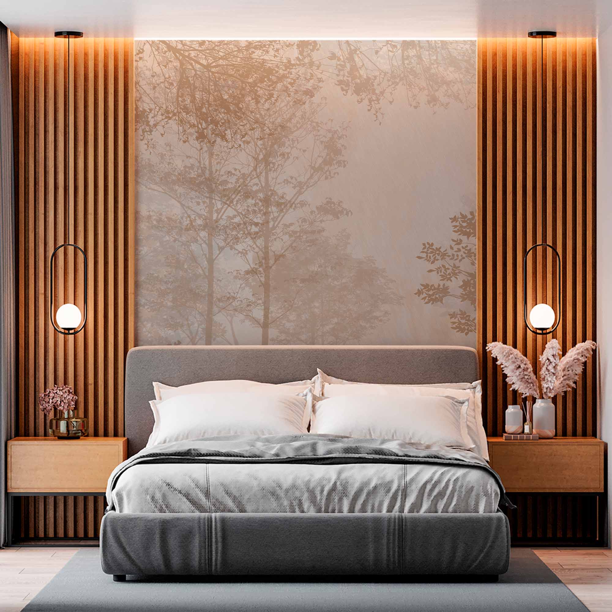 Soft Sepia Woodland Wall Mural Wallpaper - Gentle Forest Scene with Bird Silhouette