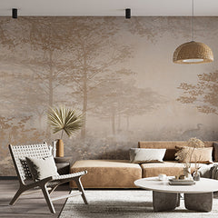 Custom Tranquil Misty Forest with Crane and Wildflowers Wall Mural Wallpaper