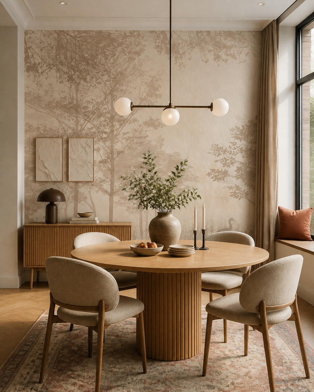 Sepia woodland wallpaper in a refined dining area.