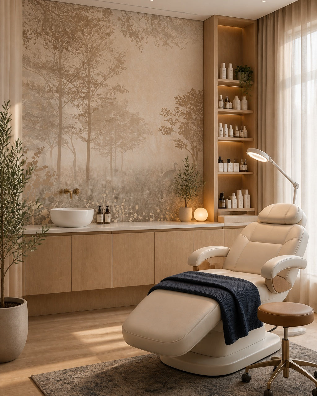 Sepia woodland wallpaper in a beauty salon.