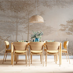 Custom Tranquil Misty Forest with Crane and Wildflowers Wall Mural Wallpaper