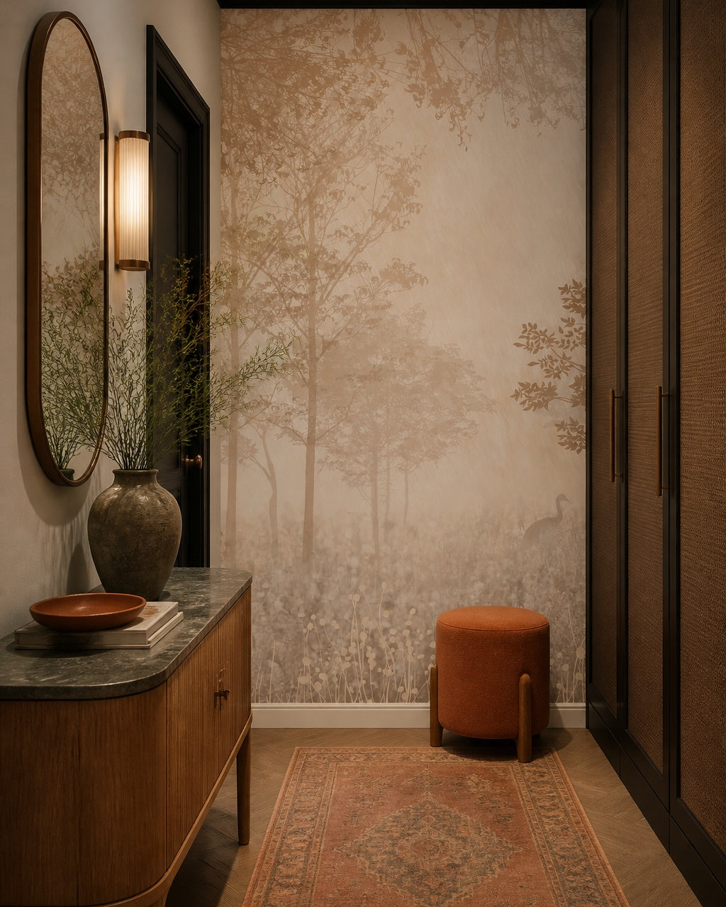 Sepia woodland wallpaper in an architectural hallway.