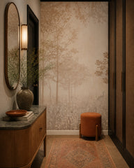 Sepia woodland wallpaper in an architectural hallway.