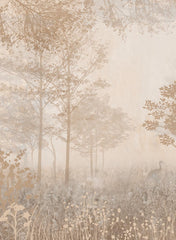 Custom Tranquil Misty Forest with Crane and Wildflowers Wall Mural Wallpaper