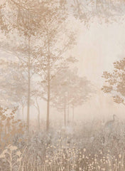 misty forest with tall trees and delicate wildflowers in the foreground.