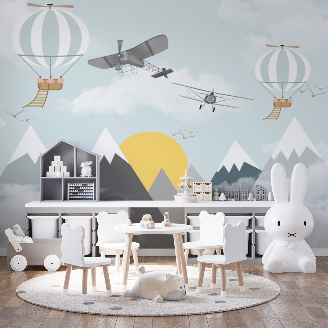 Kids Wall Murals Aircraft Mountains Scandinavian Wallpaper for Kids