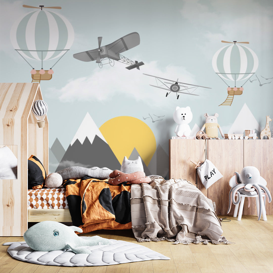 Kids Wall Murals Aircraft Mountains Scandinavian Wallpaper for Kids