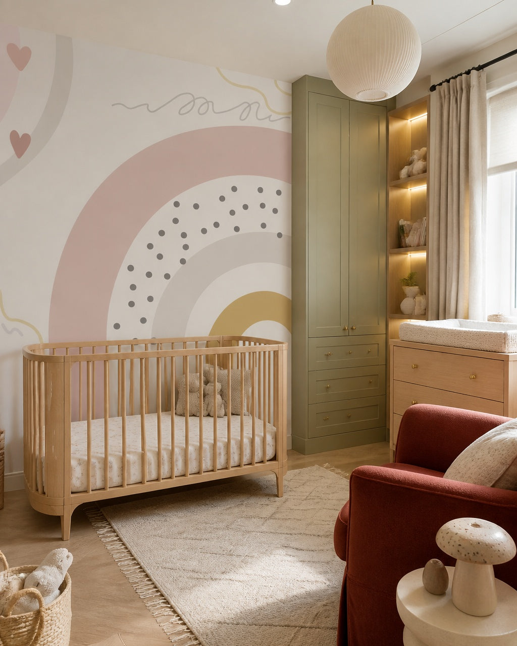Modern boho rainbow kids room wallpaper in a modern nursery with a crib.