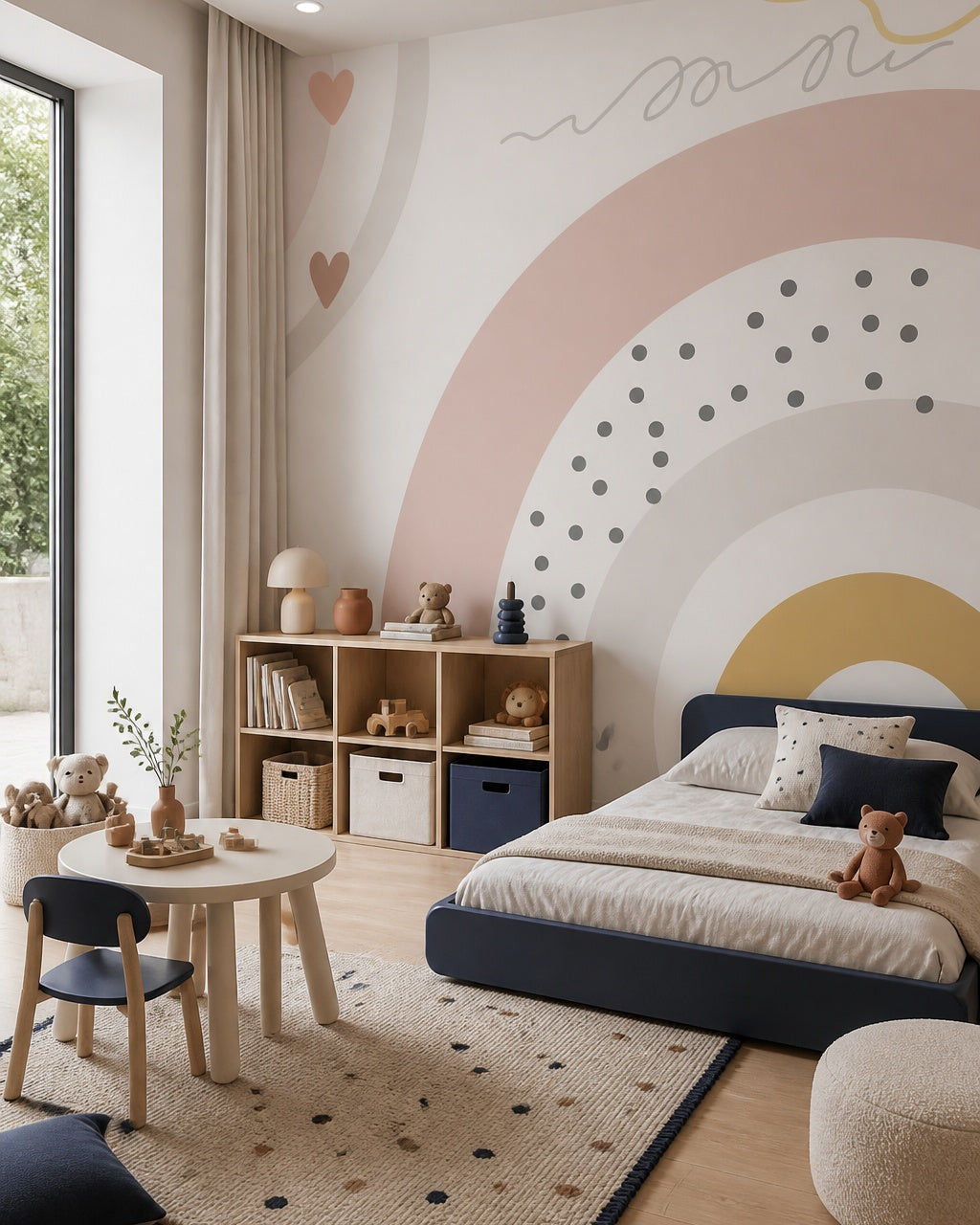 Modern boho rainbow kids room wallpaper in a toddler bedroom with a child-sized bed.