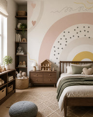 Modern boho rainbow kids room wallpaper in a girl’s bedroom.