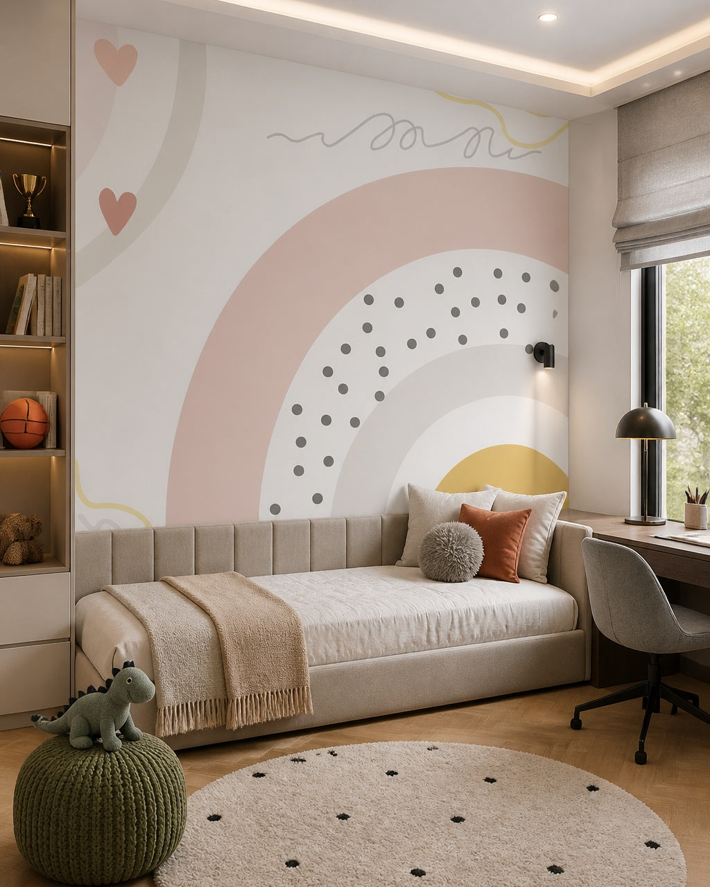 Modern boho rainbow kids room wallpaper in a boy’s bedroom.