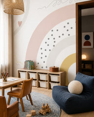 Modern boho rainbow kids room wallpaper in a children’s playroom.
