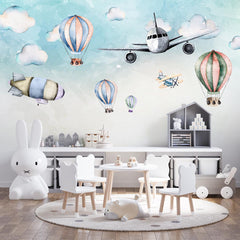 Watercolor airplanes, airship and hot air balloons wall mural