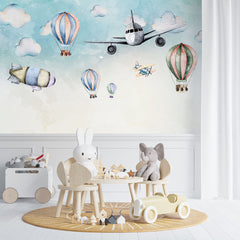 Watercolor airplanes, airship and hot air balloons wall mural – view 2