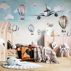 Watercolor airplanes, airship and hot air balloons wall mural – view 3